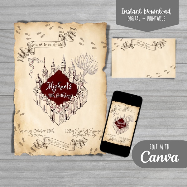 Hogwarts-Harry Potter-Marauders Map-Birthday Invitation-Instant Download