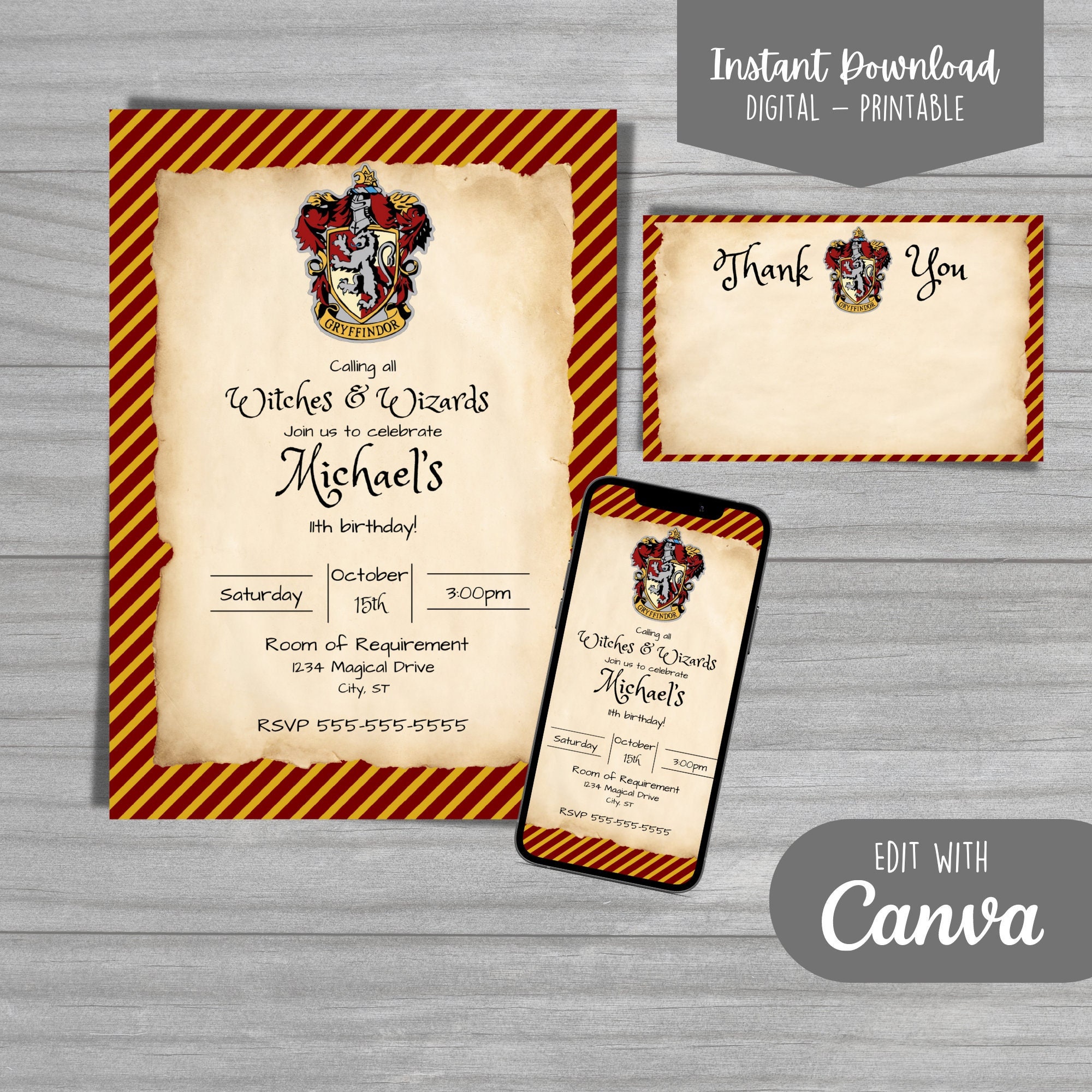 Hogwarts-Harry Potter-Gryffindor-Birthday Invitation-Instant Download