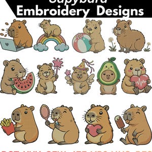 Könnte beinhalten: Eine Sammlung von zwölf Capybara-Stickmustern mit dem Text Capybara Embroidery Designs oben und den Dateiformaten DST, XXX, SEW, JEF, VP3, HUS, PES unten. Die Capybaras sind mit verschiedenen Gegenständen wie einem Laptop, Regenbogen, Ball, Wassermelone, Zauberstab, Avocado, Herz, Pommes, Spiegel und Eis dargestellt.