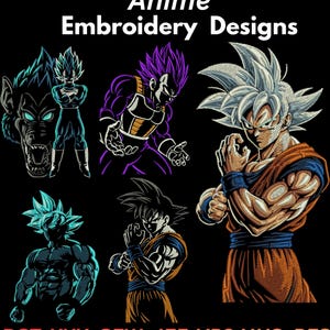 Op de afbeelding: Een digitale collectie van Anime Embroidery Designs met vijf verschillende karakterillustraties op een zwarte achtergrond. De tekst Anime Embroidery Designs staat bovenaan, met de bestandsformaten DST, XXX, SEW, JEF, VP3, HUS, PES onderaan.