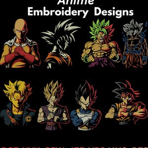 Op de afbeelding: Een digitale collectie van Anime borduurontwerpen met acht verschillende karakterillustraties in levendige kleuren tegen een zwarte achtergrond. De tekst Anime Embroidery Designs staat bovenaan, met DST, XXX, SEW, JEF, VP3, HUS, PES onderaan.