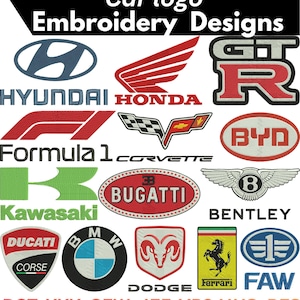 Peut inclure: Une collection de divers logos de marques automobiles et de motos présentés sous forme de motifs de broderie. L'image comporte le texte Car logo Embroidery Designs en haut et les formats de fichier DST, XXX, SEW, JEF, VP3, HUS, PES en bas.