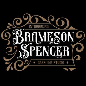 May include: A graphic design featuring the white text BRAMESON SPENCER in a decorative serif font, centered within a brown ornate filigree frame. The text INTRODUCING appears above, and GREZLINE STUDIO below. ESTD and MMXX are on the sides.