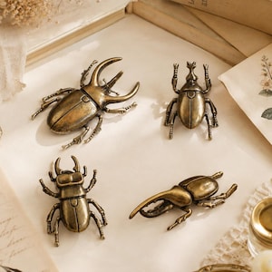 May include: Four metallic beetle figurines in a brass-toned finish. The collection includes a large rhinoceros beetle with prominent horns, a smaller rounded beetle, a stag beetle with distinct mandibles, and a long-horned beetle in profile.