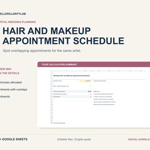 Könnte beinhalten: Eine digitale Vorlage für einen Hochzeits-Terminplan für Haar und Make-up, kompatibel mit Excel und Google Sheets. Das Dokument enthält eine Berechnungsübersicht, zugewiesene Minuten pro Künstler und eine Terminüberschneidungsanzeige.