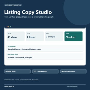 Może przedstawiać: Cyfrowy interfejs zatytułowany Listing Copy Studio z układem obszaru roboczego. Wyświetla pola Title, Files, FAQ i Tags, z sekcją Title Draft pokazującą Sample Planner: Keep weekly tasks clear oraz Included Files Planner.xlsx i Quick_Start.pdf.