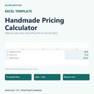 May include: An Excel template titled Handmade Pricing Calculator by SellerClarityLab. The digital document displays material costs, labor, and selling fees. A spreadsheet excerpt shows a suggested unit price of 30.50, profit of 9.15, and 30.0% margin.
