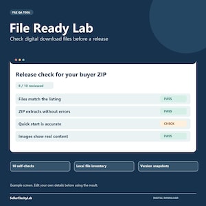 Pode incluir: Uma interface digital intitulada File Ready Lab para verificar arquivos de download. Exibe um Release check for your buyer ZIP com indicadores de status mostrando PASS para arquivos, extração ZIP e imagens, e CHECK para a precisão do início rápido.