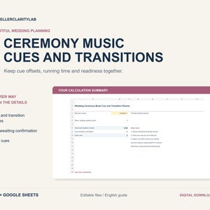 May include: A digital wedding ceremony music cue and transition planner spreadsheet template. The interface features a calculation summary, audio and transition minutes, and music cue tracking for Excel and Google Sheets users.