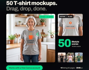 T Shirt Mockup Bundle, 50 Lifestyle Model Mockups, Editable Canva Template, Drag and Drop Tee Mockup, Print on Demand, Instant Download