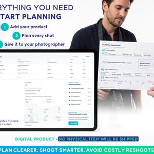May include: A digital planning tool displayed on a tablet screen and a printed visual brief document. The screen shows a project management interface with text including Everything You Need To Start Planning, Video Tutorial Included, and Plan Clearer.