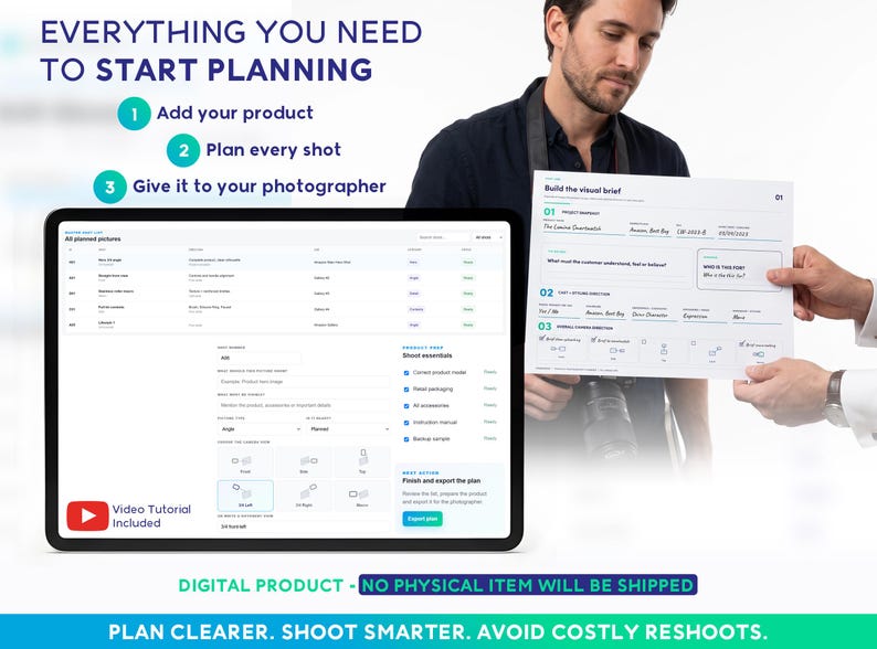 May include: A digital planning tool displayed on a tablet screen and a printed visual brief document. The screen shows a project management interface with text including Everything You Need To Start Planning, Video Tutorial Included, and Plan Clearer.
