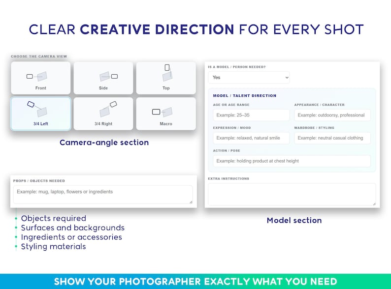 May include: A digital creative direction form featuring a header titled CLEAR CREATIVE DIRECTION FOR EVERY SHOT. It includes a camera-angle section with six view options, a model section with input fields for talent details, and a props section.
