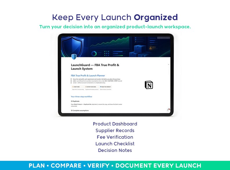 Peut inclure: Une tablette num&eacute;rique affichant le tableau de bord LaunchGuard FBA True Profit & Launch System. L'&eacute;cran pr&eacute;sente du texte incluant Keep Every Launch Organized, Product Dashboard, Supplier Records, Fee Verification, Launch Checklist et Decision Notes.