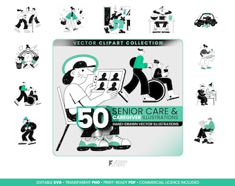 Senior Care Clipart Bundle: 50 Hand-Drawn Style Caregiver and Elderly People Illustrations, SVG, PNG and PDF