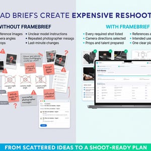 May include: A comparison infographic titled BAD BRIEFS CREATE EXPENSIVE RESHOOTS. The left side shows a disorganized workspace with scattered photos, sticky notes, and email threads. The right side displays a laptop screen showing the Framebrief interface.