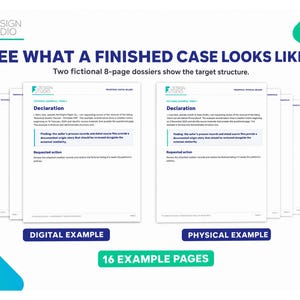 Może przedstawiać: Grafika przedstawiająca 16 przykładowych stron z dw&oacute;ch fikcyjnych 8-stronicowych dossier zatytułowanych Declaration. Tekst zawiera SEE WHAT A FINISHED CASE LOOKS LIKE, DIGITAL EXAMPLE oraz PHYSICAL EXAMPLE, z brandingiem Design Studio w rogu.