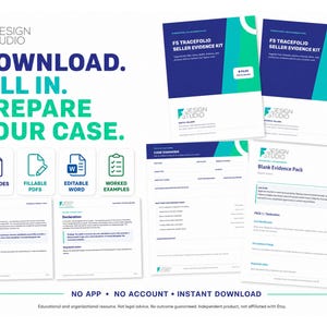 Może przedstawiać: Cyfrowy zestaw dowodowy dla sprzedawc&oacute;w F5 Tracefolio zawierający przewodniki PDF do pobrania, wypełnialne pliki PDF, edytowalne dokumenty Word i przykłady. Dokumenty obejmują deklaracje, formularze diagnozy przypadku oraz puste pakiety dowodowe z niebiesko-zielonym brandingiem.