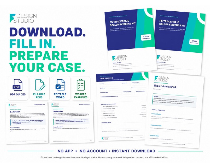 Może przedstawiać: Cyfrowy zestaw dowodowy dla sprzedawc&oacute;w F5 Tracefolio zawierający przewodniki PDF do pobrania, wypełnialne pliki PDF, edytowalne dokumenty Word i przykłady. Dokumenty obejmują deklaracje, formularze diagnozy przypadku oraz puste pakiety dowodowe z niebiesko-zielonym brandingiem.