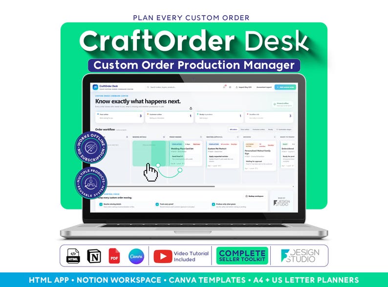 May include: A laptop displaying the CraftOrder Desk custom order production manager software interface. The screen shows an order workflow dashboard with columns for pending, in progress, and finished tasks. Includes icons for HTML, Notion, PDF, Canva, and video tutorials.
