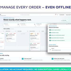 May include: A digital interface for CraftOrder Desk showing an order management dashboard with columns for new orders, pending details, and production status. A pop-up window displays production safety requirements and version control for proofs.