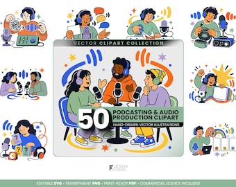 50 Podcast Clipart Illustrations: Podcaster and Audio Production SVG, PNG, PDF Bundle