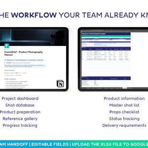 May include: A digital product photography planner displayed on two screens. The left screen shows a Notion dashboard titled FrameBrief, while the right screen displays an Excel spreadsheet titled Product Photography Brief with columns for shot lists and status tracking.