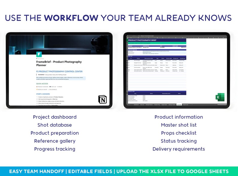 May include: A digital product photography planner displayed on two screens. The left screen shows a Notion dashboard titled FrameBrief, while the right screen displays an Excel spreadsheet titled Product Photography Brief with columns for shot lists and status tracking.