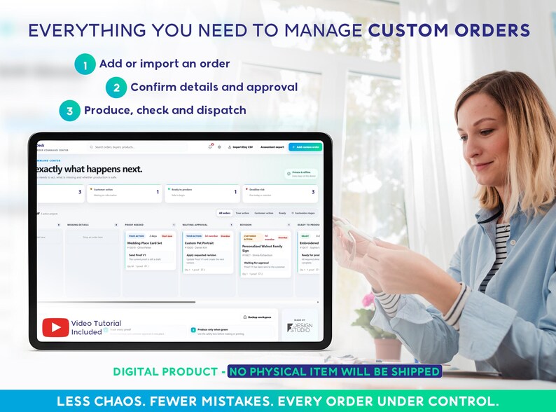 May include: A digital dashboard interface displayed on a tablet screen, featuring a workflow management system for custom orders. The screen shows columns for order status, including pending, approval, and production stages, with a video tutorial link.
