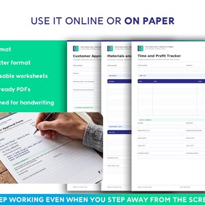May include: A set of printable business worksheets including a Customer Approval Form, Materials and Time and Profit Tracker. The documents are available in A4 and US Letter formats, designed for handwriting, and feature blue and white text.