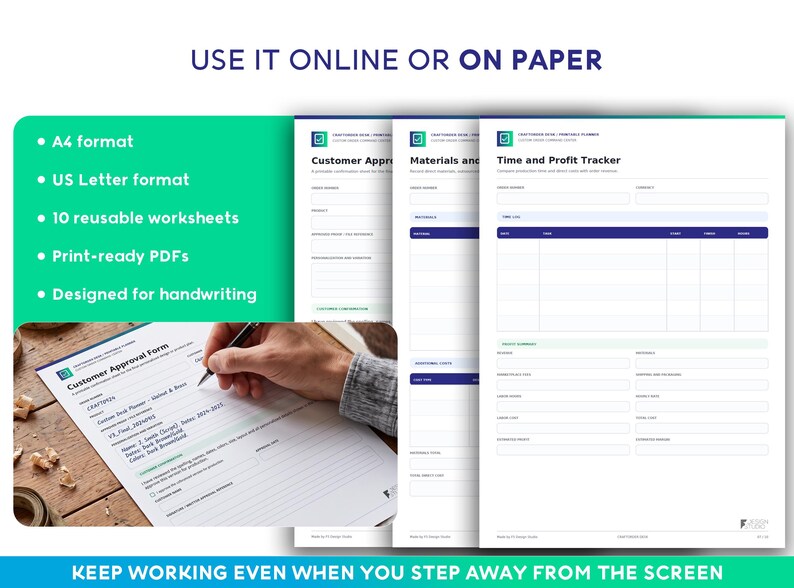 May include: A set of printable business worksheets including a Customer Approval Form, Materials and Time and Profit Tracker. The documents are available in A4 and US Letter formats, designed for handwriting, and feature blue and white text.