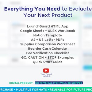 Peut inclure: Un ensemble de produits num&eacute;riques intitul&eacute; Everything You Need to Evaluate Your Next Product. Il comprend une application HTML LaunchGuard, des feuilles Google, un classeur XLSX, un mod&egrave;le Notion, des PDF A4 et US Letter, et des guides.