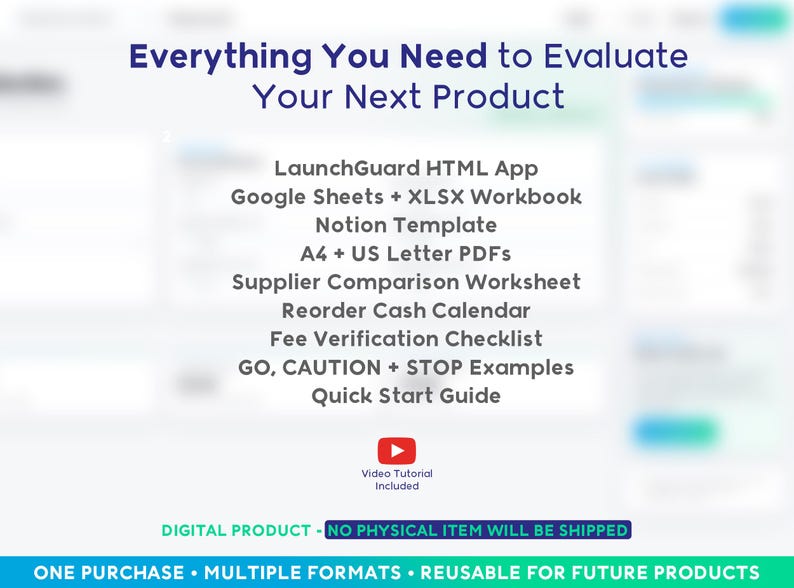 Peut inclure: Un ensemble de produits num&eacute;riques intitul&eacute; Everything You Need to Evaluate Your Next Product. Il comprend une application HTML LaunchGuard, des feuilles Google, un classeur XLSX, un mod&egrave;le Notion, des PDF A4 et US Letter, et des guides.