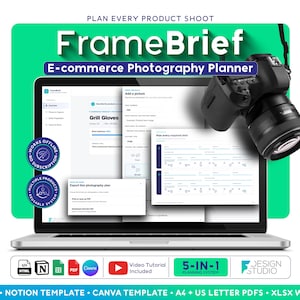 Modèle de plan de photographie de produits numériques pour les vendeurs e-commerce - Brief photo et liste de prises de vue