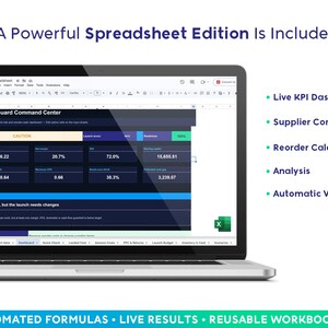 Peut inclure: Un &eacute;cran d'ordinateur portable affichant le tableur LaunchGuard Command Center avec une interface sombre, des tableaux de donn&eacute;es et un tableau de bord. Le texte inclut A Powerful Spreadsheet Edition Is Included et Live KPI Dashboard.