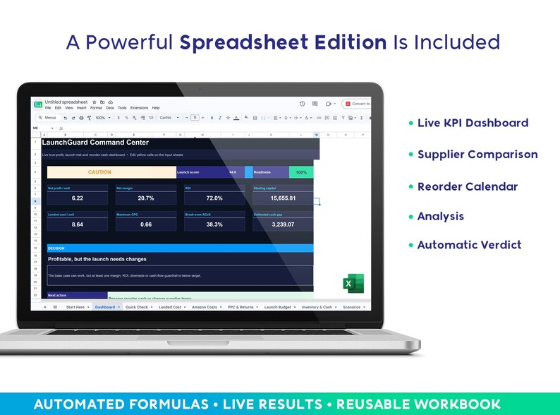 Peut inclure: Un &eacute;cran d'ordinateur portable affichant le tableur LaunchGuard Command Center avec une interface sombre, des tableaux de donn&eacute;es et un tableau de bord. Le texte inclut A Powerful Spreadsheet Edition Is Included et Live KPI Dashboard.