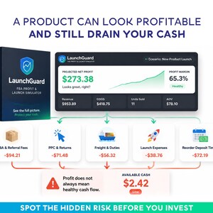 Peut inclure: Une infographie num&eacute;rique pour le logiciel LaunchGuard FBA Profit & Launch Simulator. Elle affiche un tableau de bord d'analyse des profits avec un b&eacute;n&eacute;fice net projet&eacute; de 273,38 $, divers frais comme les commissions FBA, PPC et fret, menant &agrave; un flux de tr&eacute;sorerie faible de 2,42 $.