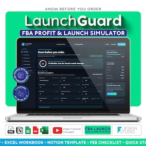 Peut inclure: Un ordinateur portable affichant l'interface du logiciel LaunchGuard FBA Profit & Launch Simulator. L'&eacute;cran pr&eacute;sente des champs de donn&eacute;es pour l'analyse de lancement de produit, incluant marges et hypoth&egrave;ses. Inclut fichiers HTML, Excel et Notion.