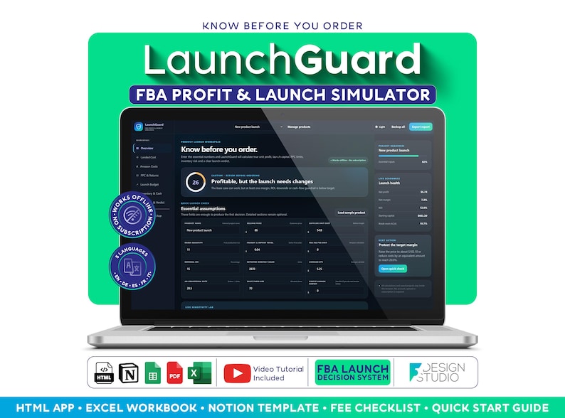 Peut inclure: Un ordinateur portable affichant l'interface du logiciel LaunchGuard FBA Profit & Launch Simulator. L'&eacute;cran pr&eacute;sente des champs de donn&eacute;es pour l'analyse de lancement de produit, incluant marges et hypoth&egrave;ses. Inclut fichiers HTML, Excel et Notion.