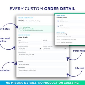 May include: A digital interface for a custom order project labeled #10421 Personalized Walnut Family Sign. It displays order details including buyer Emma Richardson, production deadline 08/01/2026, personalization The Harrison Family - Est. 2018, and a 40 cm - Dark walnut variation.