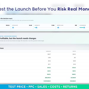 Peut inclure: Une interface de tableau de bord num&eacute;rique intitul&eacute;e Test the Launch Before You Risk Real Money, comprenant un laboratoire de sensibilit&eacute; en direct avec des curseurs interactifs pour le prix, les co&ucirc;ts et les ventes, et un tableau de comparaison.