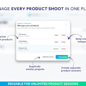 May include: A digital interface titled Manage your products featuring a list of items including Grill Gloves, Coffee Maker, and Skincare Set. The display includes buttons for Open, Delete, Duplicate current, and a blue New product button.