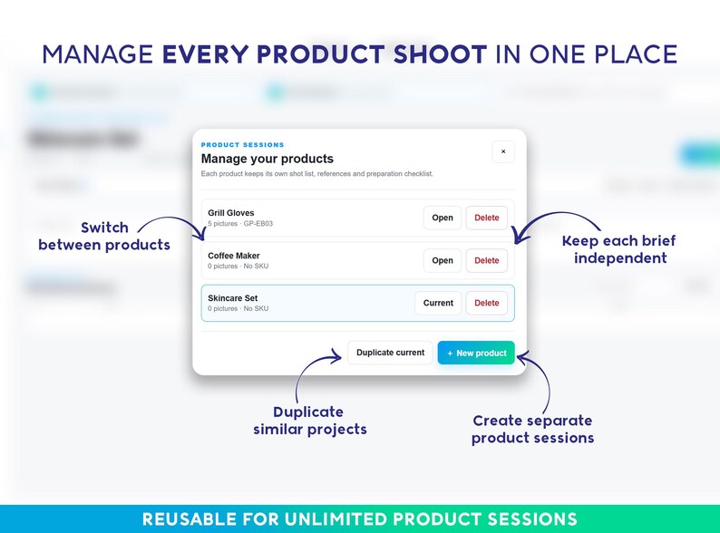 May include: A digital interface titled Manage your products featuring a list of items including Grill Gloves, Coffee Maker, and Skincare Set. The display includes buttons for Open, Delete, Duplicate current, and a blue New product button.