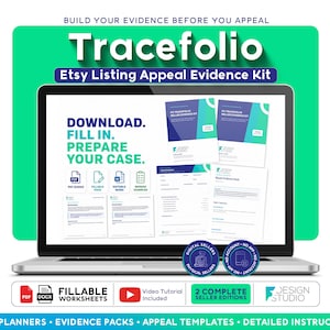 Może przedstawiać: Ekran laptopa wyświetla zestaw dowodowy odwołania od oferty Etsy Tracefolio z tekstem DOWNLOAD. FILL IN. PREPARE YOUR CASE. Zestaw zawiera arkusze do wypełnienia, przewodniki PDF, edytowalne dokumenty Word oraz samouczki wideo dla sprzedawc&oacute;w.
