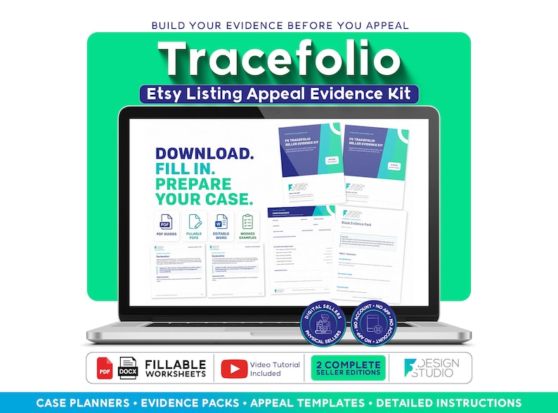 Może przedstawiać: Ekran laptopa wyświetla zestaw dowodowy odwołania od oferty Etsy Tracefolio z tekstem DOWNLOAD. FILL IN. PREPARE YOUR CASE. Zestaw zawiera arkusze do wypełnienia, przewodniki PDF, edytowalne dokumenty Word oraz samouczki wideo dla sprzedawc&oacute;w.