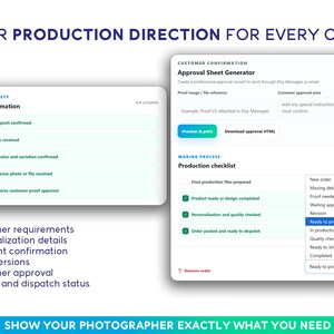 May include: A digital interface displaying a production safety checklist and a customer confirmation approval sheet generator. The screen shows text including CLEAR PRODUCTION DIRECTION FOR EVERY ORDER, Required information, and a production checklist.