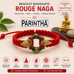 Könnte beinhalten: Ein rotes geflochtenes Kordelarmband mit einem zentralen, kreisförmigen grün-goldenen Naga-Anhänger. Der Text auf dem Bild enthält BRACELET BOUDDHISTE ROUGE NAGA, PARINTHA und gibt eine verstellbare Größe von 18 bis 27 cm für alle Handgelenke an.
