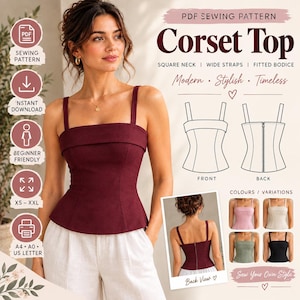 Puede incluir: Un patrón de costura en PDF para un top tipo corsé con escote cuadrado, tirantes anchos y cuerpo entallado. El diseño incluye una ilustración de la vista frontal y trasera, una foto de la espalda y variaciones de color en rosa, beige, verde y negro.