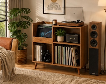 Record Player Stand with Vinyl Storage, Mid Century Turntable Cabinet, Wood Record Holder, LP Storage, Music Console, Audiophile Gift