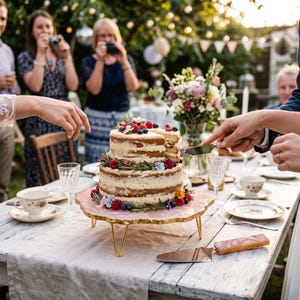 Op de afbeelding: Een tweelaagse naked cake met roomglazuur, versierd met verse frambozen, bosbessen en rozemarijntakjes, rustend op een roze hars taartplateau met gouden metalen poten op een witte houten tafel met een taartschep.